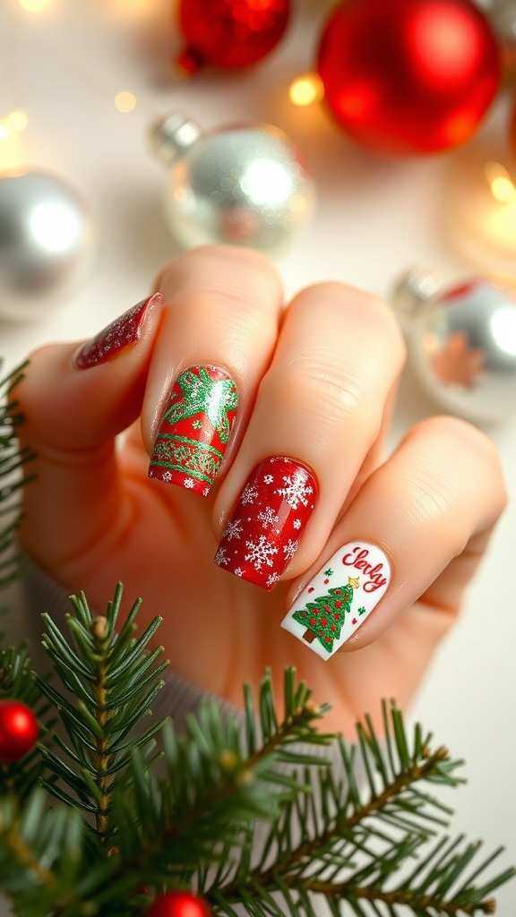 A collection of Christmas nail art designs in red and green with snowflakes and trees, displayed in a festive setting.